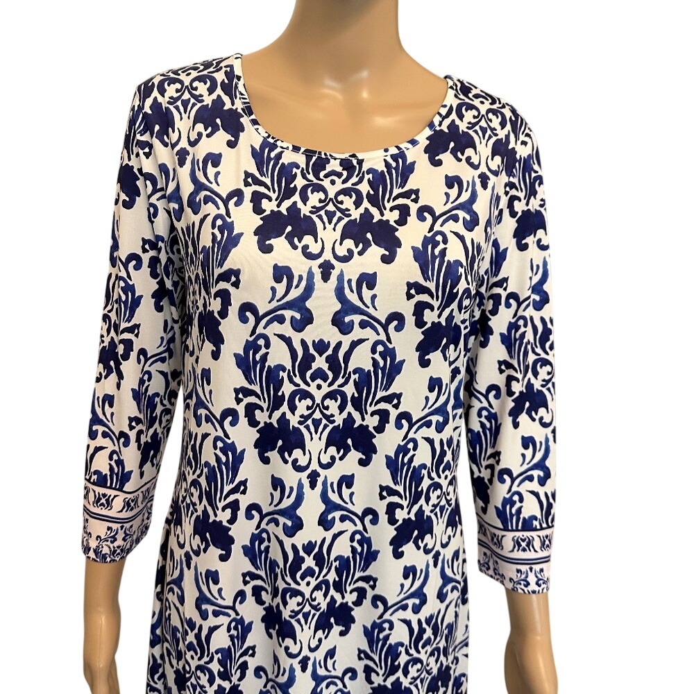 JEAN-PIERRE KLIFA Paris Blue White Floral Print 3/4 Sleeve Dress Size M - Picture 1 of 5